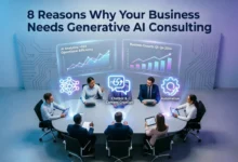 Infographic showing 8 benefits of Generative AI consulting, including faster market entry, cost savings, personalized customer experiences, higher productivity, AI-driven innovation, data insights, and secure, ethical AI deployment to enhance business operations.
