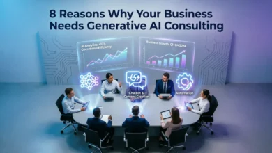 Infographic showing 8 benefits of Generative AI consulting, including faster market entry, cost savings, personalized customer experiences, higher productivity, AI-driven innovation, data insights, and secure, ethical AI deployment to enhance business operations.