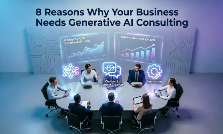 Infographic showing 8 benefits of Generative AI consulting, including faster market entry, cost savings, personalized customer experiences, higher productivity, AI-driven innovation, data insights, and secure, ethical AI deployment to enhance business operations.