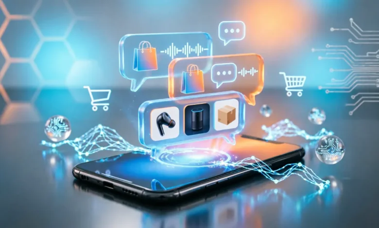 A smartphone screen displaying the Amazon app with a 'Join the chat' button, allowing users to have real-time AI audio conversations to ask questions about products.
